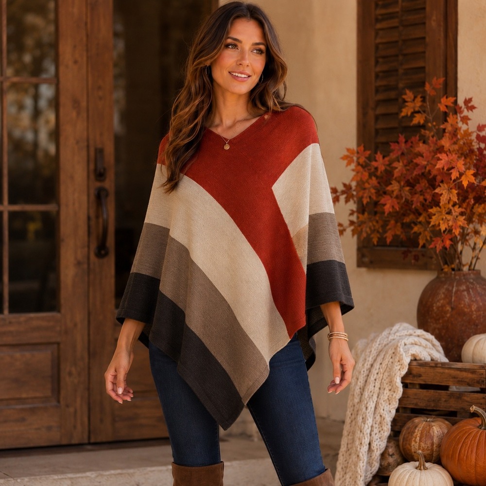 Ellen Tracy Womens Colorblock Knit Poncho Wool Blend Rust Brown Fall Granola M L